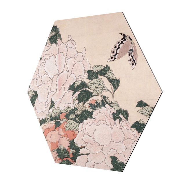 Wandbilder Rosa Katsushika Hokusai - Rosa Pfingstrosen mit Schmetterling