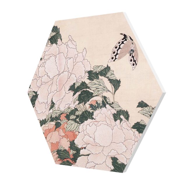 Forex Bilder Katsushika Hokusai - Rosa Pfingstrosen mit Schmetterling