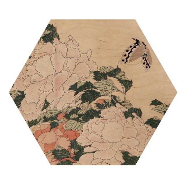Wandbilder Blumen Katsushika Hokusai - Rosa Pfingstrosen mit Schmetterling