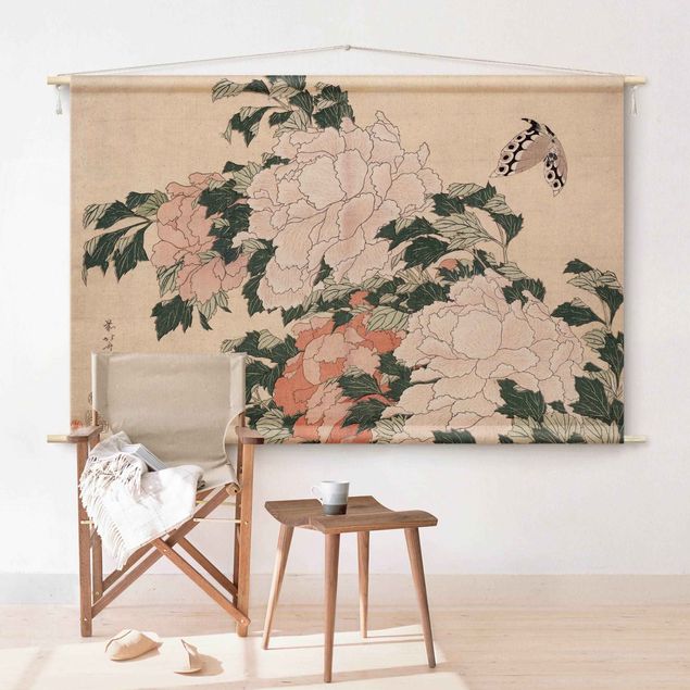 Wandbehang modern Katsushika Hokusai - Rosa Pfingstrosen mit Schmetterling