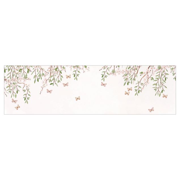 Küchenrückwand Folie selbstklebend Kirschblüte im Flügelspiel der Schmetterlinge
