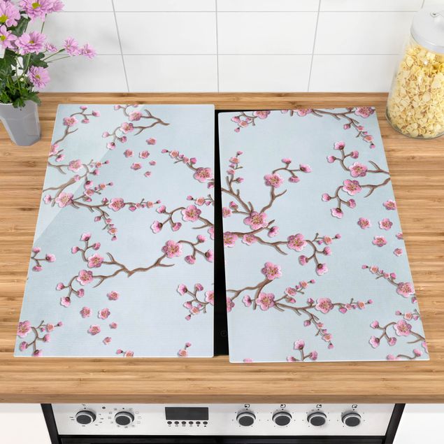 Wanddeko Küche Kirschblüten auf Blau