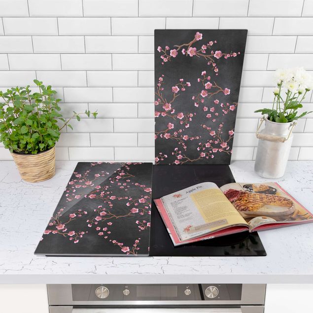 Herdabdeckplatten Blumen Kirschblüten auf Schwarz