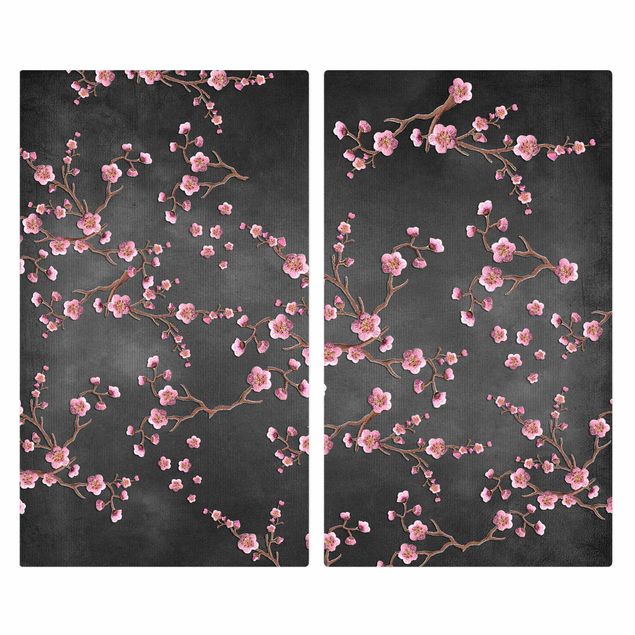 Herdabdeckplatten Glas Kirschblüten auf Schwarz