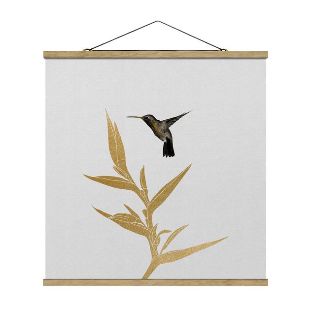 Wandbilder Kunstdrucke Kolibri und tropische goldene Blüte II