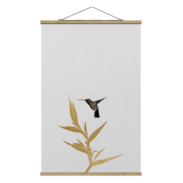 Wandbilder Kunstdrucke Kolibri und tropische goldene Blüte II