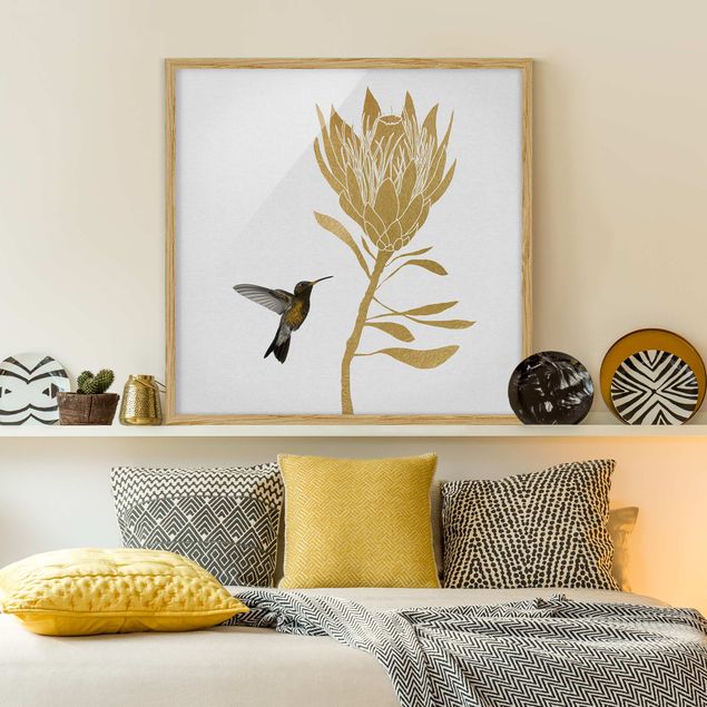 Blumenbilder mit Rahmen Kolibri und tropische goldene Blüte