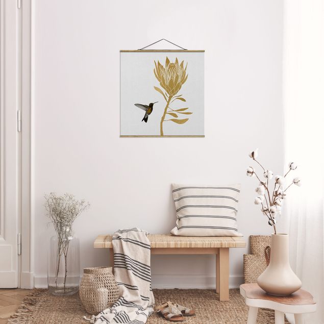 Wandbilder Floral Kolibri und tropische goldene Blüte
