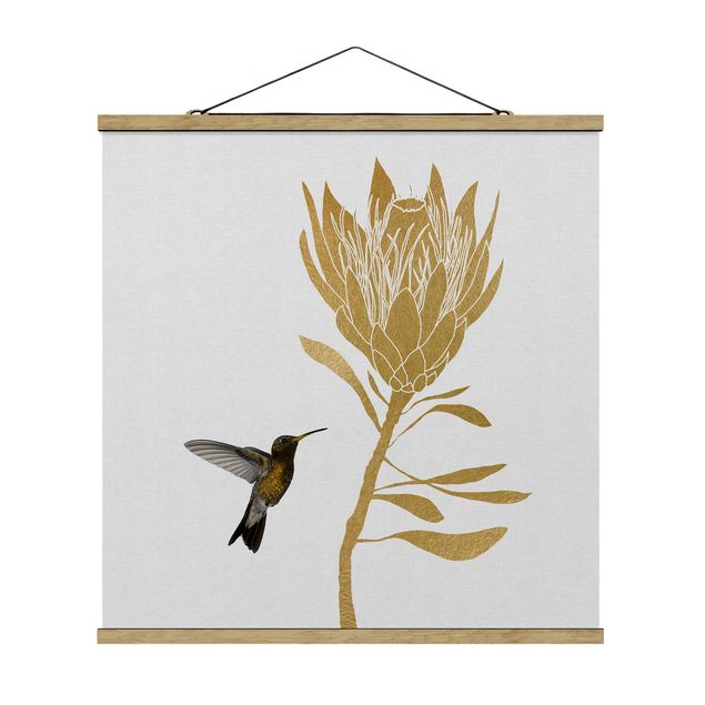 Wandbilder Kunstdrucke Kolibri und tropische goldene Blüte
