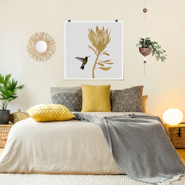 Poster mit Blumen Kolibri und tropische goldene Blüte