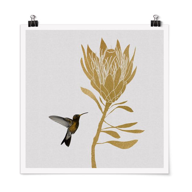 Kunstkopie Poster Kolibri und tropische goldene Blüte