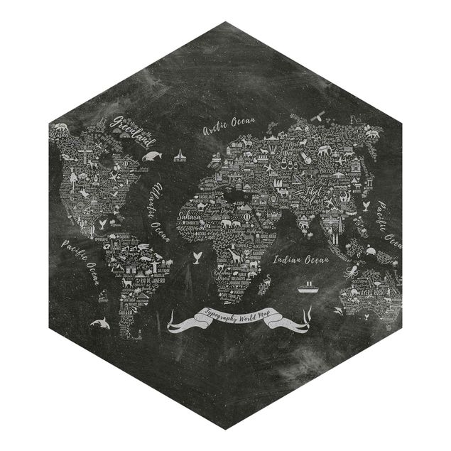 Hexagon Mustertapete selbstklebend - Kreide Typografie Weltkarte