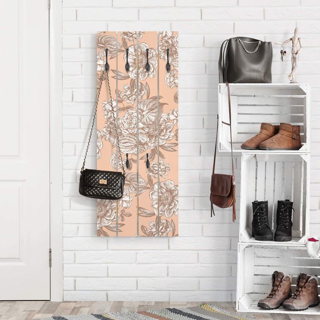 Garderobe in Holzoptik Kupferstich Blütenbouquet