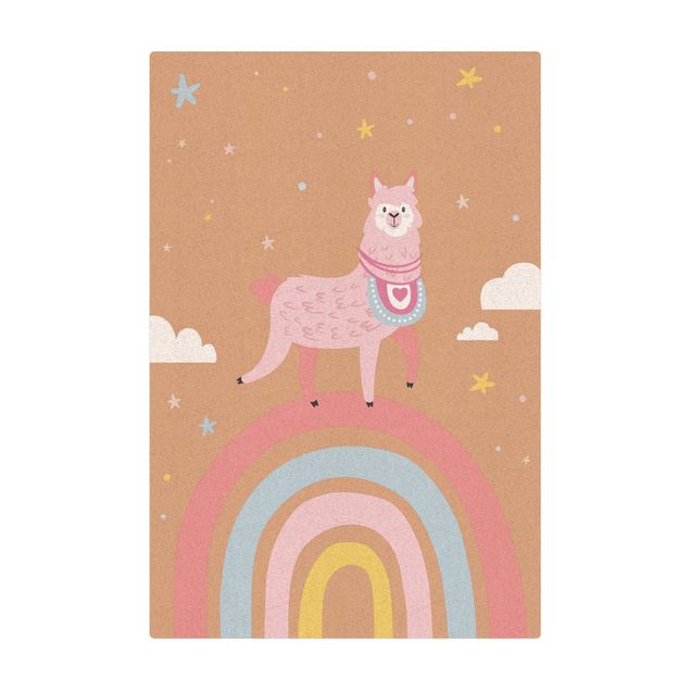 Kork-Teppich - Lama auf Regenbogen mit Sternen und Pünktchen - Hochformat 2:3
