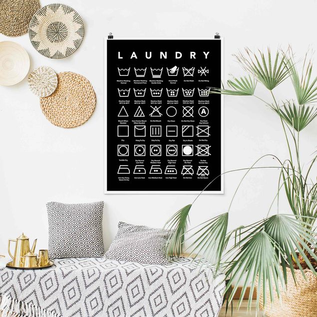 Poster mit Spruch Laundry Symbole Schwarz-Weiß
