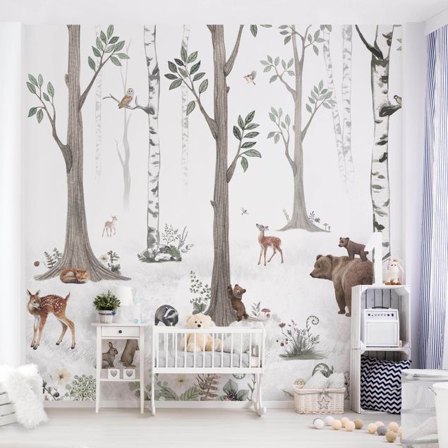 Babyzimmer Deko Leiser weißer Wald mit Tieren
