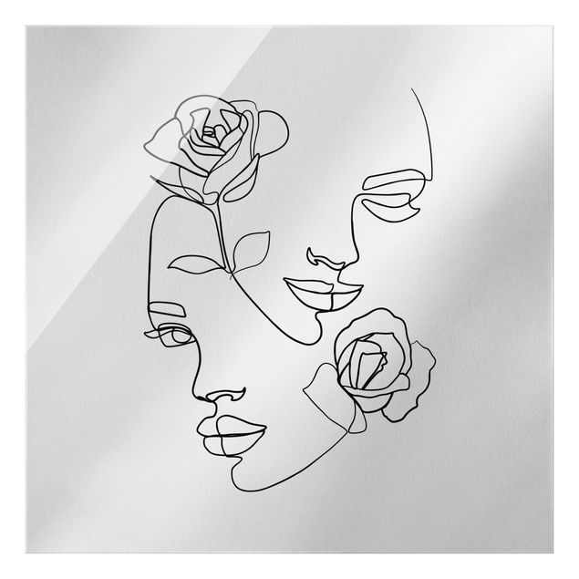 schwarz weiß Glasbilder Line Art Gesichter Frauen Rosen Schwarz Weiß
