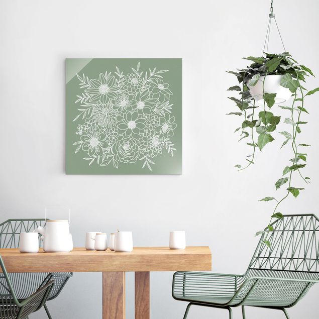 Wandbilder Floral Lineart Blumen in Grün