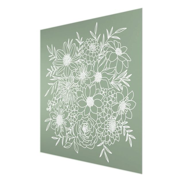 Bilder auf Glas Lineart Blumen in Grün