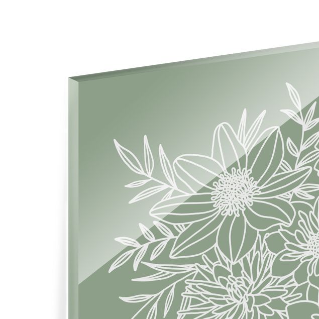 Glasbild - Lineart Blumen in Grün - Quadrat 1:1
