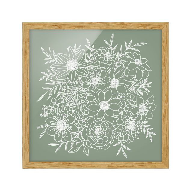 Kunstdrucke mit Rahmen Lineart Blumen in Grün