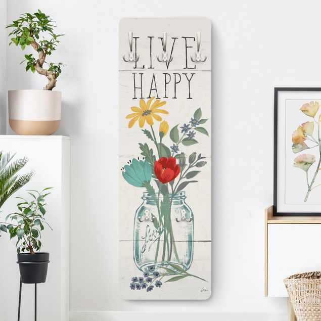 Spruch Garderobe Live Happy - Blumenvase auf Holz