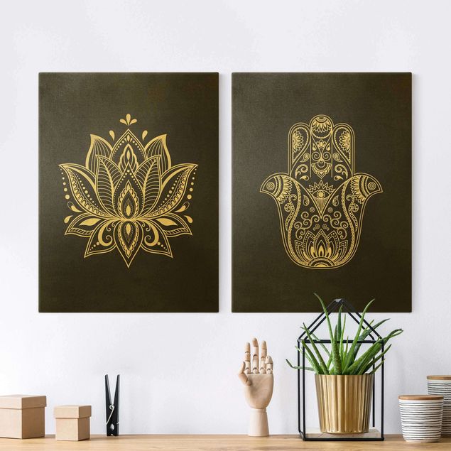 Leinwandbilder Buddha Lotus Illustration und Hamsa Hand Set