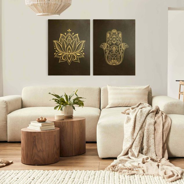 Leinwandbilder Muster Lotus Illustration und Hamsa Hand Set