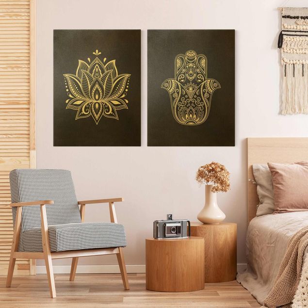 Wandbilder Mandalas Lotus Illustration und Hamsa Hand Set