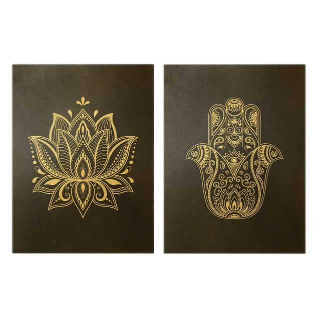 Wandbilder Lotus Illustration und Hamsa Hand Set