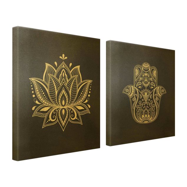 Leinwandbilder kaufen Lotus Illustration und Hamsa Hand Set