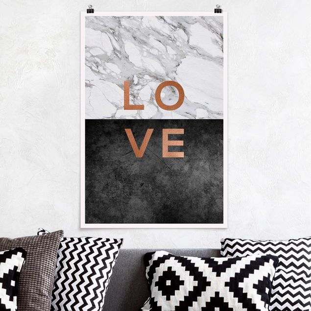 Poster schwarz-weiß Love Kupfer und Marmor