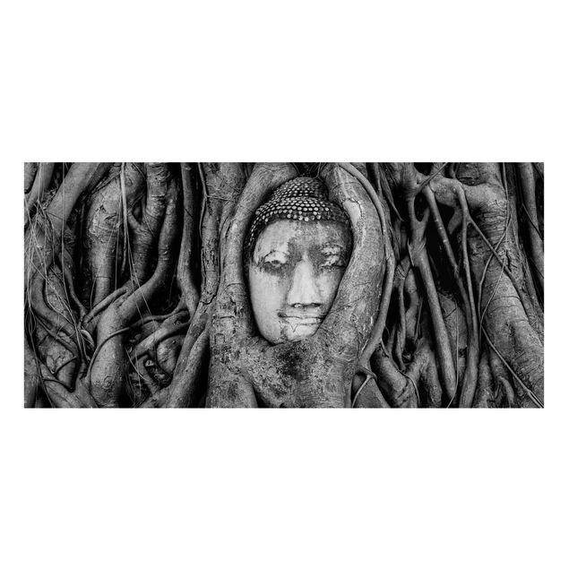 Wandbilder Bäume Buddha in Ayutthaya von Baumwurzeln gesäumt in Schwarzweiß