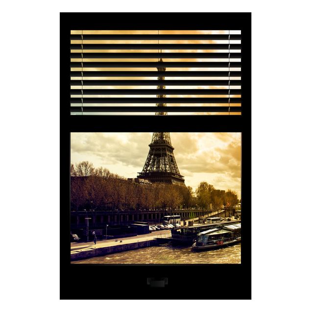 Wandbilder Paris Fensterausblick Jalousie - Paris Eiffelturm Sonnenuntergang