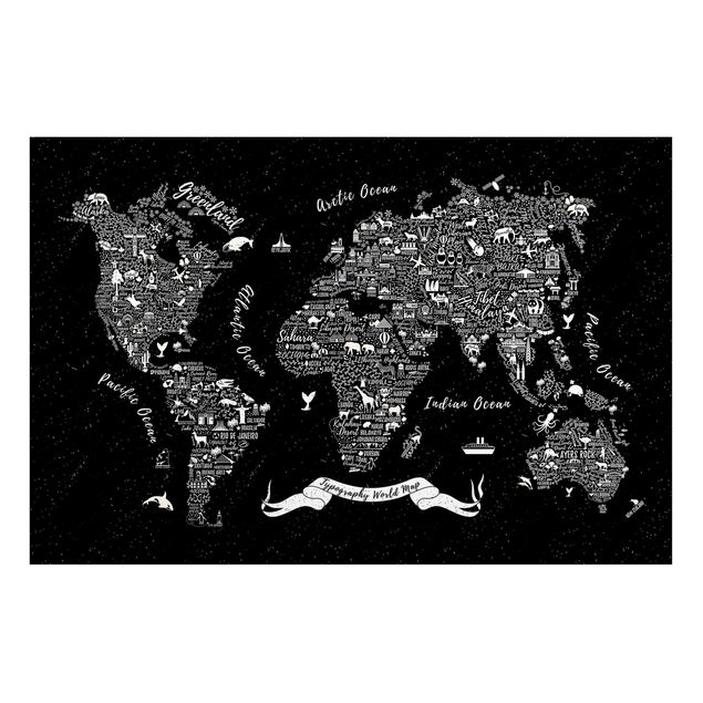 Magnettafel Weltkarte Typografie Weltkarte schwarz