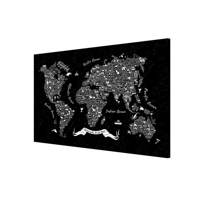 Magnettafel Sprüche Typografie Weltkarte schwarz