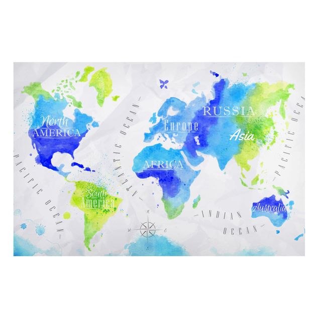 Weltkarte Tafel Weltkarte Aquarell blau grün