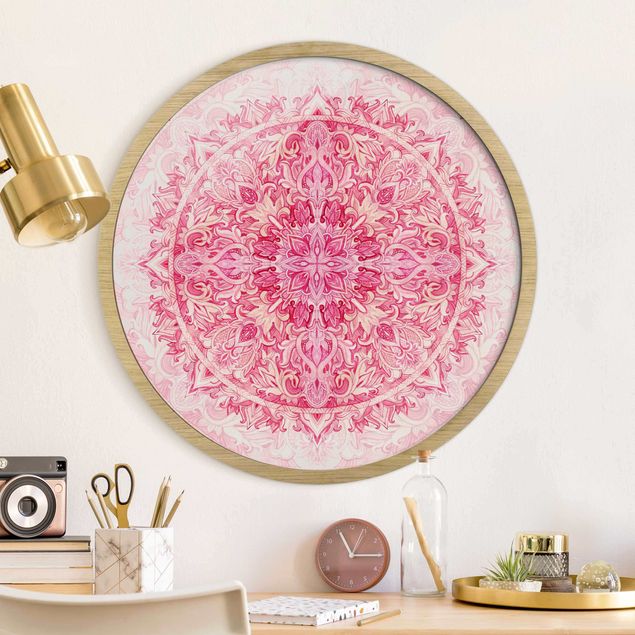 Runde gerahmte Bilder Mandala Aquarell Ornament Muster pink