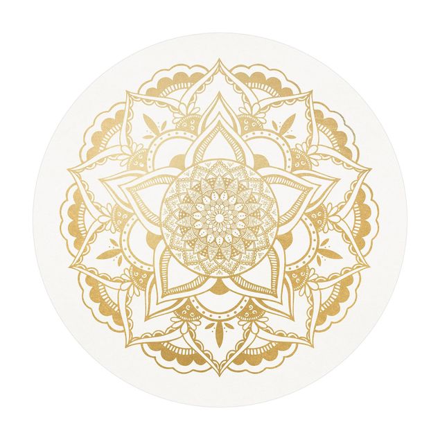 Teppich rund Mandala Blume gold weiß