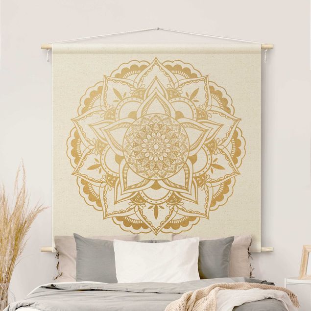 Wandteppich modern Mandala Blume gold weiß