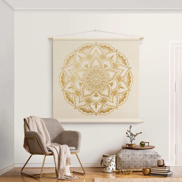 Wandteppich Mandala Mandala Blume gold weiß