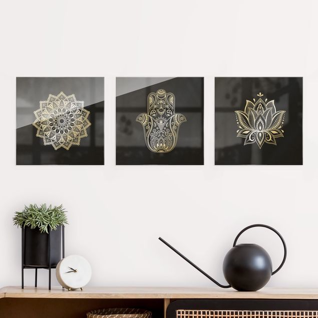 Küche Dekoration Mandala Hamsa Hand Lotus Set auf Schwarz