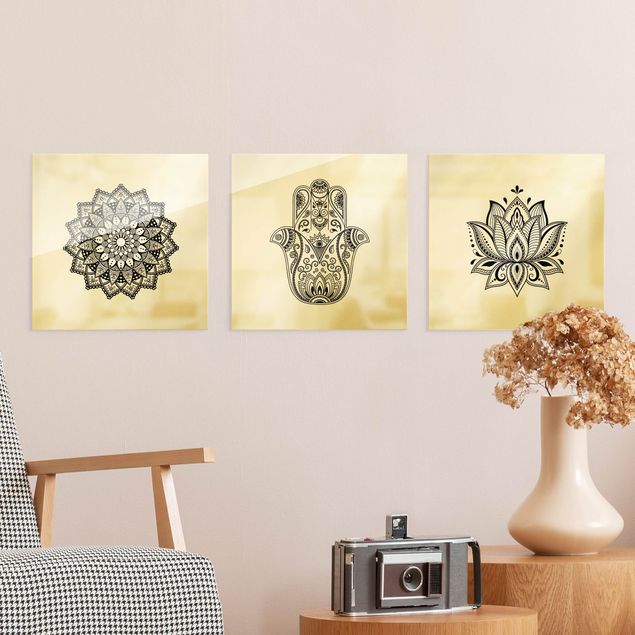 Wandbilder Mandalas Mandala Hamsa Hand Lotus Set auf Weiß
