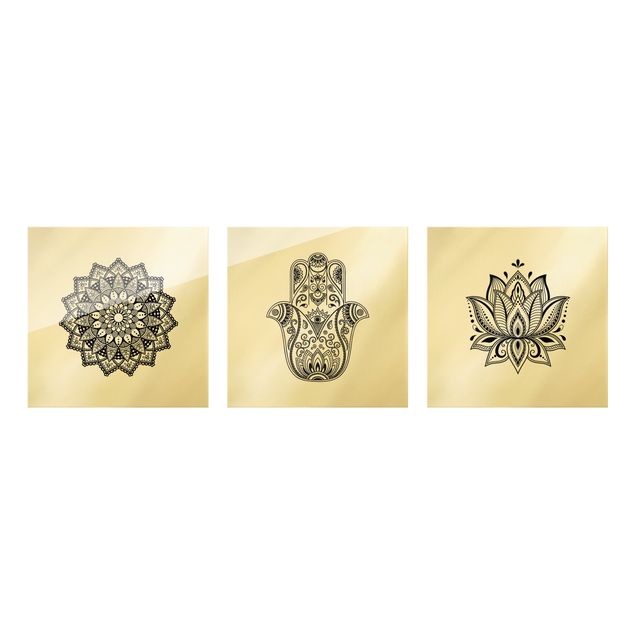 Glasbilder Mandala Hamsa Hand Lotus Set auf Weiß