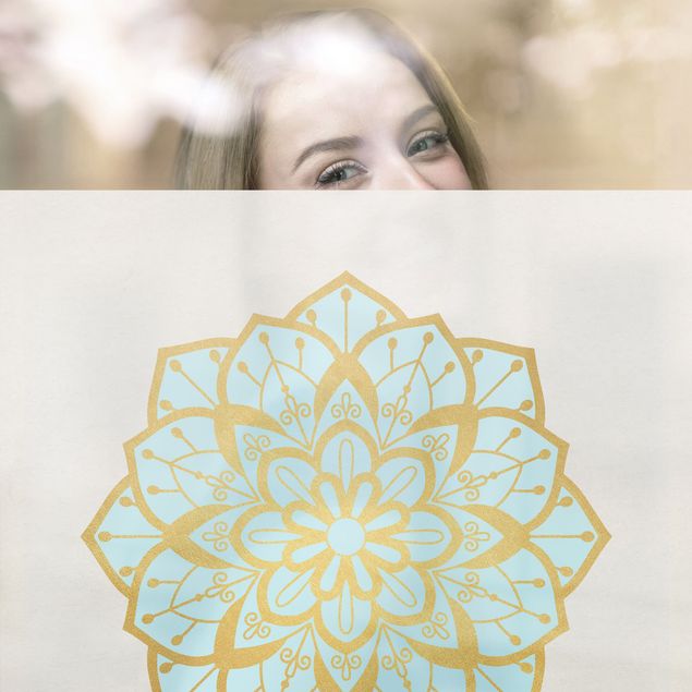 Fensterfolie - Sichtschutz - Mandala Illustration Blüte hellblau gold - Fensterbilder