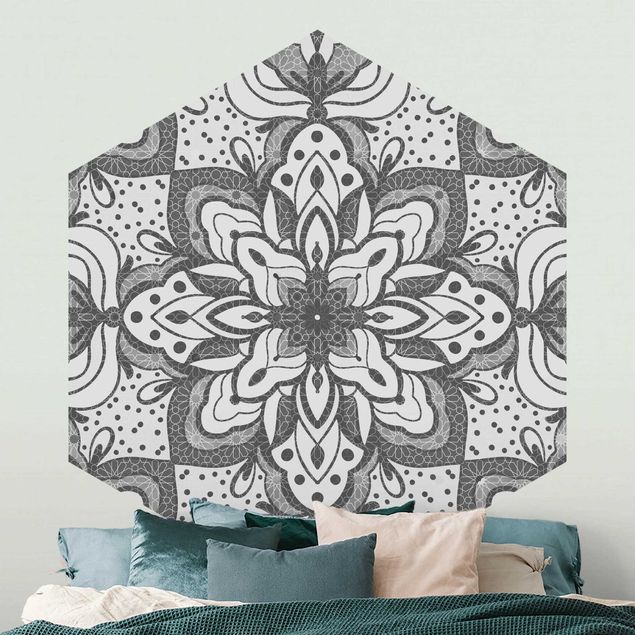Wanddeko Küche Mandala mit Raster und Punkten in Grau