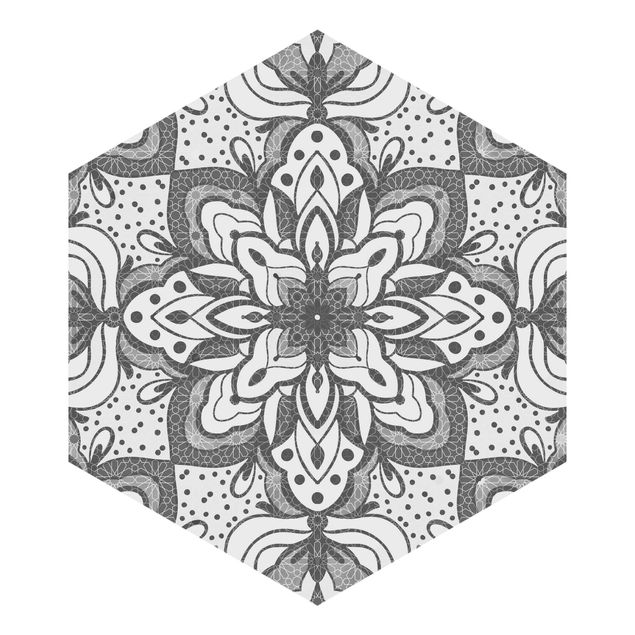 Wandtapete rot Mandala mit Raster und Punkten in Grau