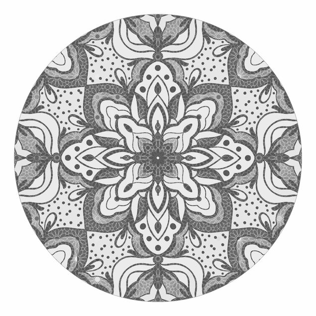 Fototapete Schwarz-Weiß Mandala mit Raster und Punkten in Grau