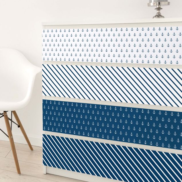 Küchen Deko Maritimes Anker Streifen Set - Polarweiss Preussisch Blau