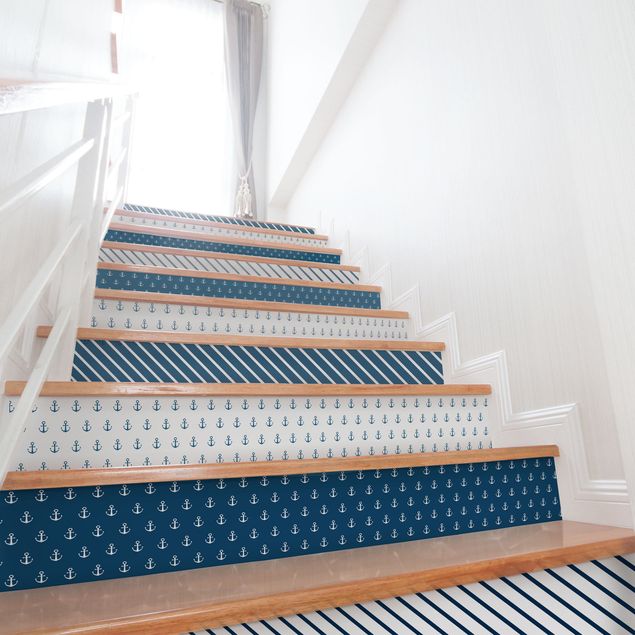 Möbelfolie matt Maritimes Anker Streifen Set - Polarweiss Preussisch Blau